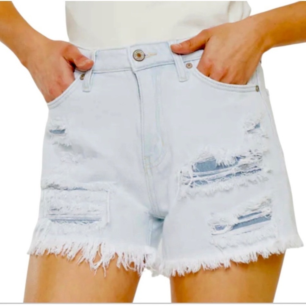 KANCAN Light Bleach Blue ROSIE HIGH RISE DENIM SHORTS Destroyed Shredded 5/26